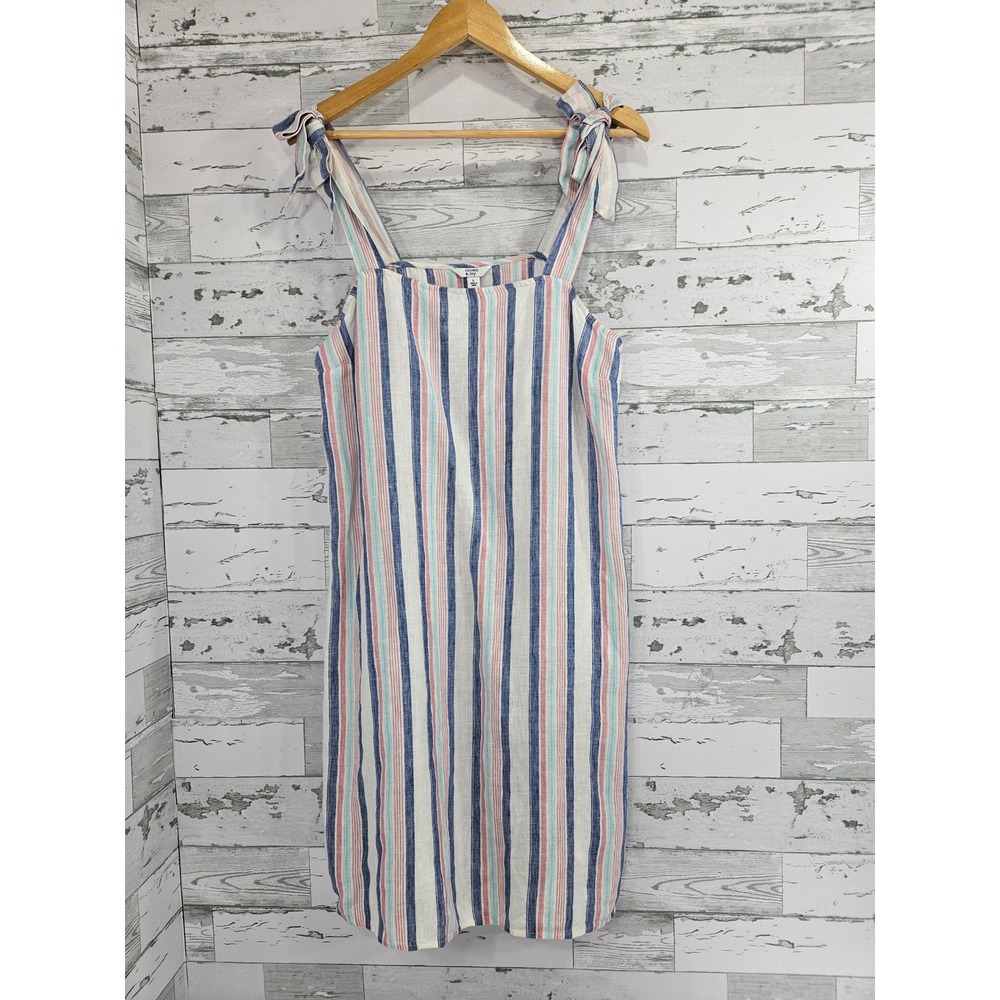 Crown & Ivy Women Large Linen Striped Tie Shoulder Shift Dress Blue Pink White